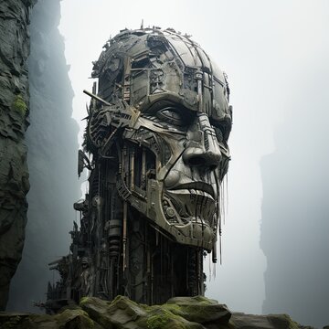 Giant figure of alien as old building. Generative AI