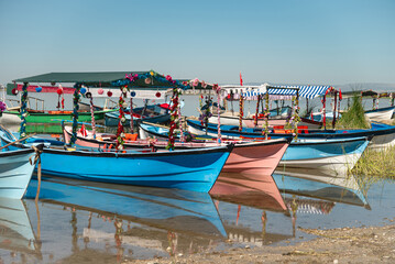 Decorated excursion boats in Isikli lake in Civril, Denizli