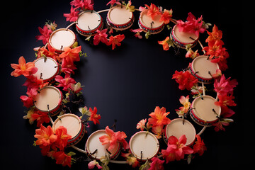A beautiful arrangement of tambourines forms a floral pattern, signifying unity in music and rhythm's natural beauty