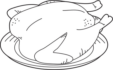 Line illustration of a fried chicken on a plate. Outline vector graphic on white background.