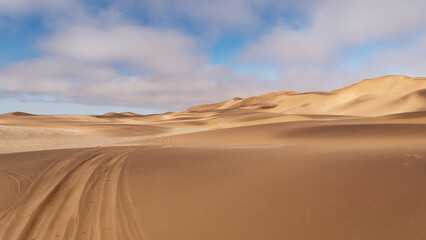 Fototapeta na wymiar Scenic view of sand dunes and vehicle tracks in the sand, Namib desert, Namibia