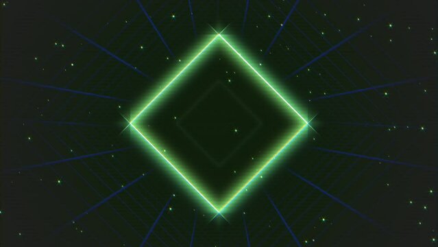 A green diamond and square glow against a dark backdrop, creating stark contrast. A vivid green triangle with stars adds cosmic allure. In the upper left, a green laser and star add celestial charm