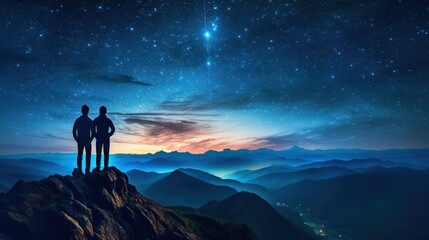 Fototapeta premium Silhouette of Travelers Standing on Top of the Mountain, Couple Observing the Stars in Night Sky, Young People Hiking Adventure. Generative Ai