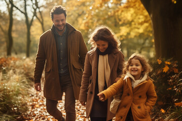 family walking in the woods on a sunny autumn day, generative ai