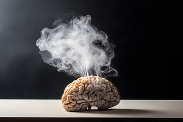 Cigarette smoke from the human brain streams upwards. The concept of an overabundance of information and health care.