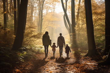 family walking in the woods on a sunny autumn day, generative ai