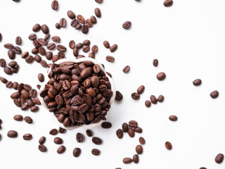 Coffee Beans on White Background, Pattern Grain seed in White Cup, Fresh Raw Food Drink 
