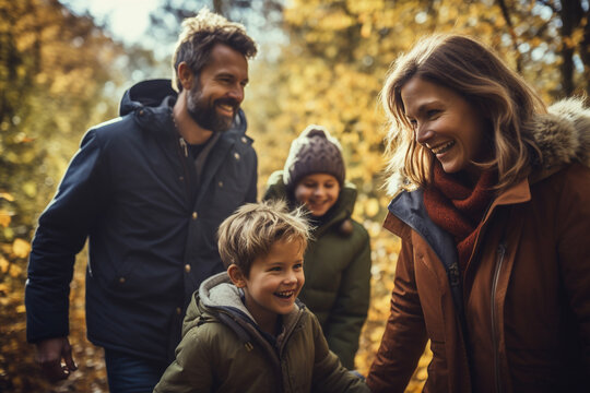 family walking in the woods on a sunny autumn day, generative ai