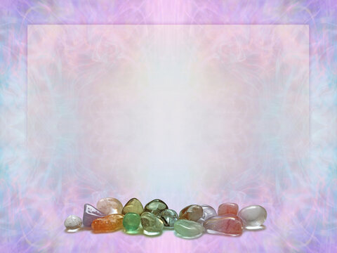 Crystal healing therapy diploma course certificate award template -  lilac and pink ethereal symmetrical framed pattern background with a double row of tumbled stones along the bottom ideal for a pric