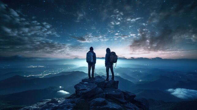 Silhouette of Travelers Standing on Top of the Mountain, Couple Observing the Stars in Night Sky, Young People Hiking Adventure. Generative Ai