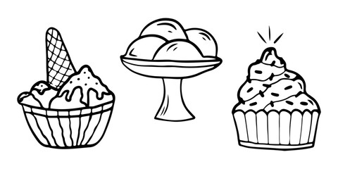 Hand drawn set of ice cream cone, doodle sundae in waffle, puncake, desserts. Sketch style vector illustration for cafe menu, card, birthday card decoration.