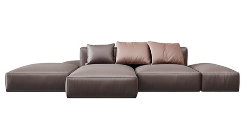 Brown color leather sofa comfy on white background. front view. isolate background.