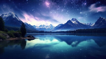 Beautiful Landscape Nature View Milky Way on the Sky, Mountain Lake Twilight Sky with Reflection Light on Water. Generative Ai