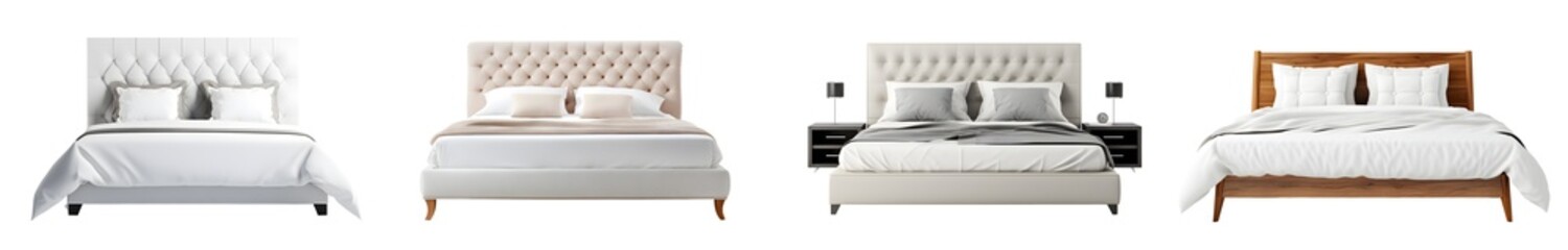 Contemporary style photorealistic illustration of 4 sets of beds for a furniture catalogue in white transparent background. Generative AI.