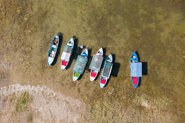Decorated excursion boats in Isikli lake in Civril, Denizli