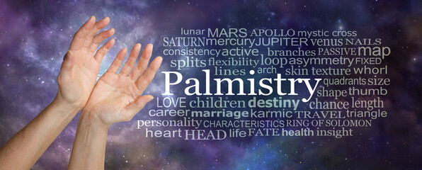 Aspects of Palmistry Night Sky Word Tag Cloud - female open cupped hands  beside a PALMISTRY word cloud against a celestial deep space background 
 - obrazy, fototapety, plakaty