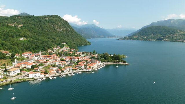 Picturesque Pella small town on lake Orta in Northern Italy. Aerial drone view