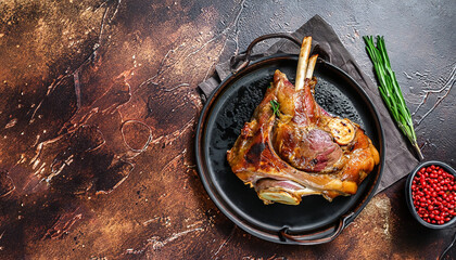 Oven baked lamb leg. Dark background. Top view. Copy space