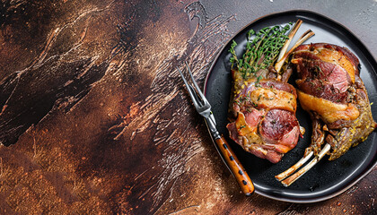 Oven baked lamb leg. Dark background. Top view. Copy space