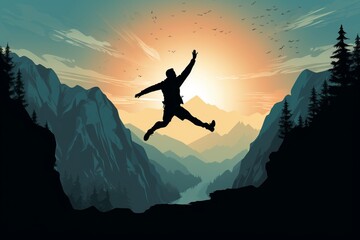 Silhouette man jumping over cliffs for I can do it , good mindset by never give up concept - obrazy, fototapety, plakaty
