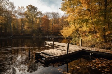 Fototapeta premium A serene wooden dock on a peaceful lake embraced by a lush forest