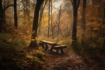 A serene picnic spot surrounded by lush greenery in the heart of the forest