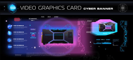 Video card for computer. Technology cyber banner. Powerful digital system with development of computer chips and electronic boards. Realistic video card with neon illumination