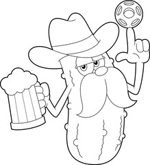 Outlined Cowboy Pickle Cartoon Character Spinning A Pickleball And Holding A Glass Of Beer. Vector Hand Drawn Illustration Isolated On Transparent Background