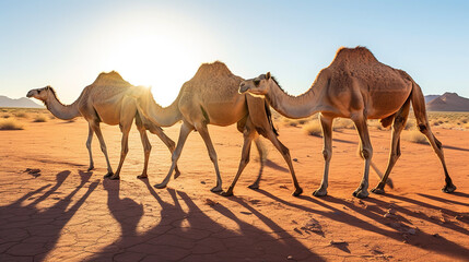 Magnificent Camels Gracefully Striding Through The Arid Desert Landscape AI Generative