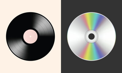  Vintage Vinyl Record and a Compact Disk on dark and light background. Vector illustration