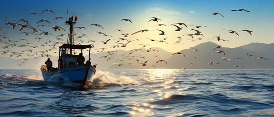 Poster Fishing boat sail in Aegean wavy sea © Johnu