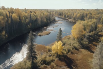 A serene river flowing through a vibrant green forest