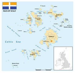 The Isles of Scilly road map with flag, UK