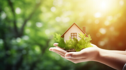 Home in the hands of a happy family and real estate investment and housing architecture, and banking concept  nature background - obrazy, fototapety, plakaty