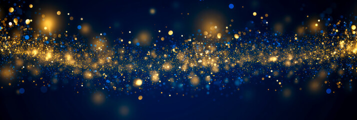 Weihnachtsfeier, goldene Sterne und Lichter auf dunkel blauem Hintergrund. Generiert mit KI - obrazy, fototapety, plakaty
