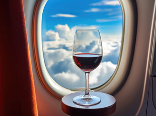 Red wine in a glass in front of an airplane window