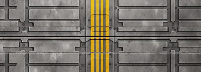 Seamless concrete or galvanized metal wall or floor panel background texture. Tileable silver grey with black and yellow warning stripe scifi spaceship runway or docking bay pattern. Generative AI