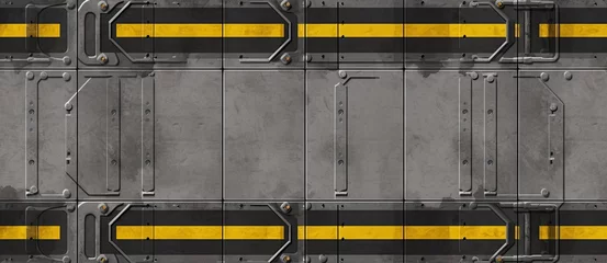 Fotobehang Seamless concrete or galvanized metal wall or floor panel background texture. Tileable silver grey with black and yellow warning stripe scifi spaceship runway or docking bay pattern. Generative AI © Hitesh