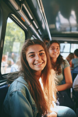 AI generated. Young Friends traveling by bus in the city