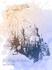 Mtatsminda Pantheon of famous artists and national heroes, Tbilisi, Georgia. Line drawing isolated on watercolor textured grunge background. EPS10 vector illustration