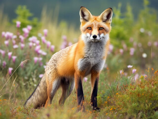 Naklejka na ściany i meble Curious red fox on a green meadow.