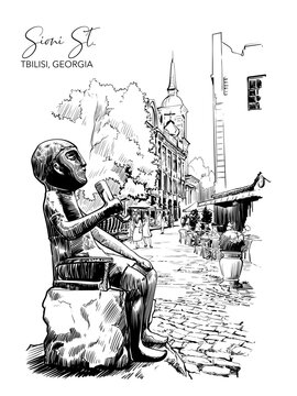 The Statue of Tamada is a replica of the figurine found in Colchic golden treasure. Tbilisi, Georgia. Black Line drawing isolated on white background. EPS10 vector illustration