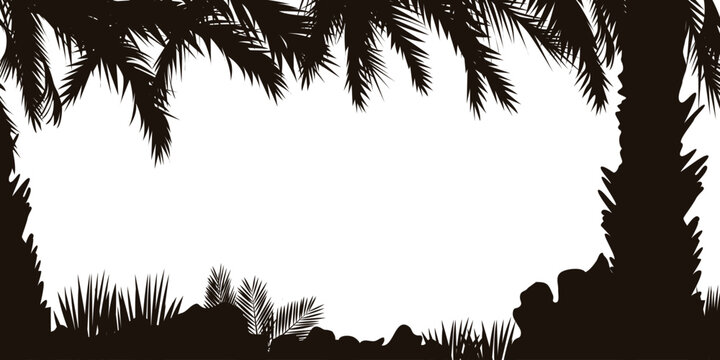 Tropical area silhouette frame / illustration horizontal frame with trees, palms, grass, branches, leaves