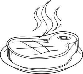 Line illustration of a fried steak on a plate. Outline vector graphic on white background.