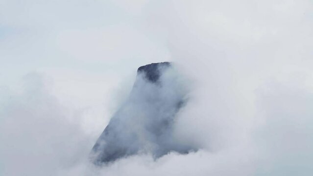 Clouds Engulfing Stetinden Summit Near Narvik In Nordland County, Norway. Aerial Shot