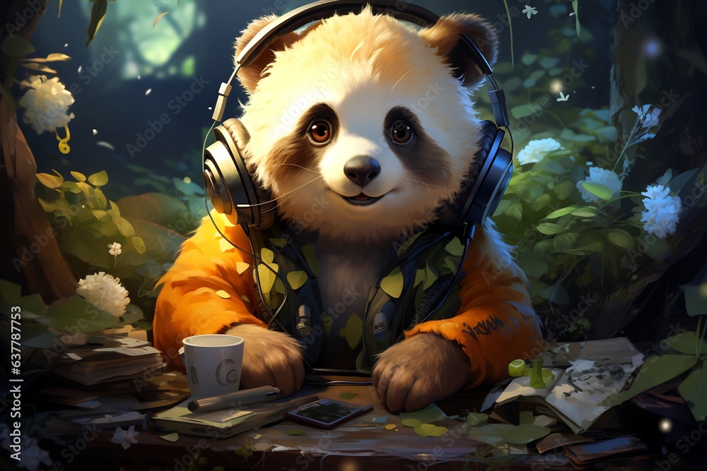 Sticker Panda bear with headphones and cup of coffee.