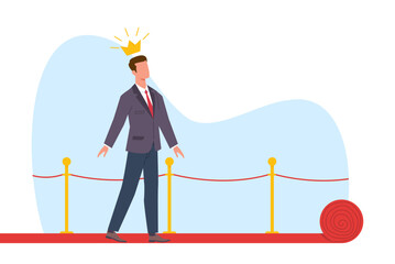 An arrogant, narcissistic businessman or celebrity walks red carpet. Man in golden crown. Confidence egocentric attitude. Boy proud of themself. Vector cartoon flat style isolated concept