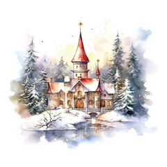 Obraz premium Vintage christmas house forest watercolor, great design for any purposes. Snow New Year