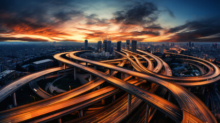 Highway trafic in sunset top veiw