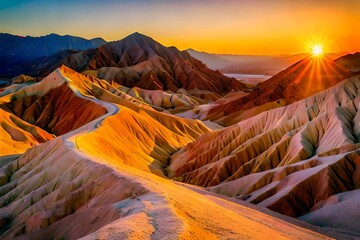 colorful sunrise in zabriskie point, death valley national park, california, usa; colorful mountains on the desert. Ai Generated - obrazy, fototapety, plakaty